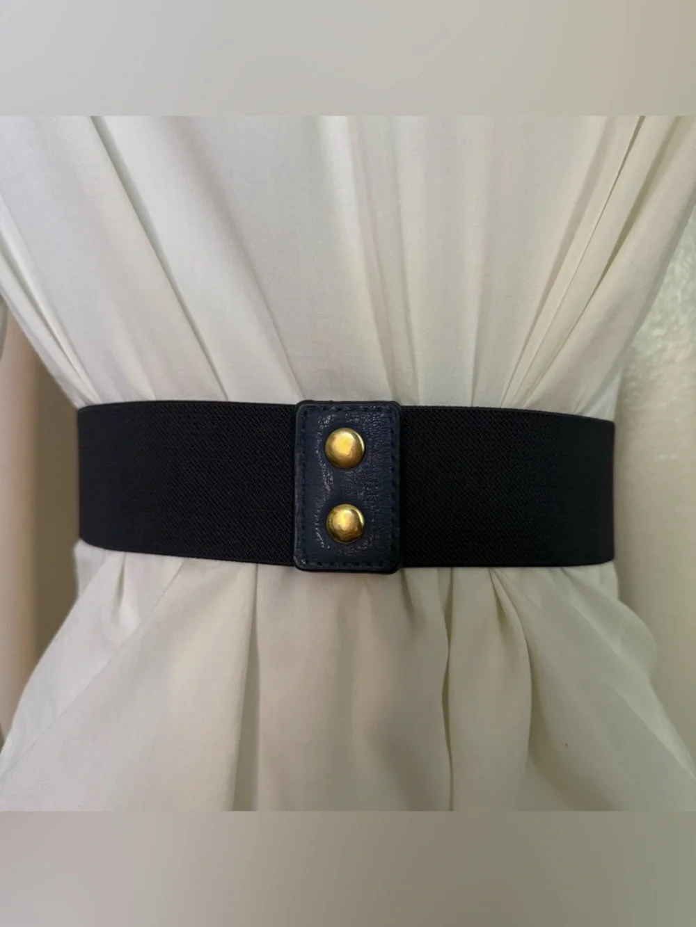 Navy blue wide PU leather elastic waistband belt with gold tone grommet